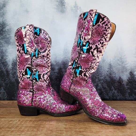 Ferrini Pink Snake Print Sequin Glitter Western BootsWomen's 7B